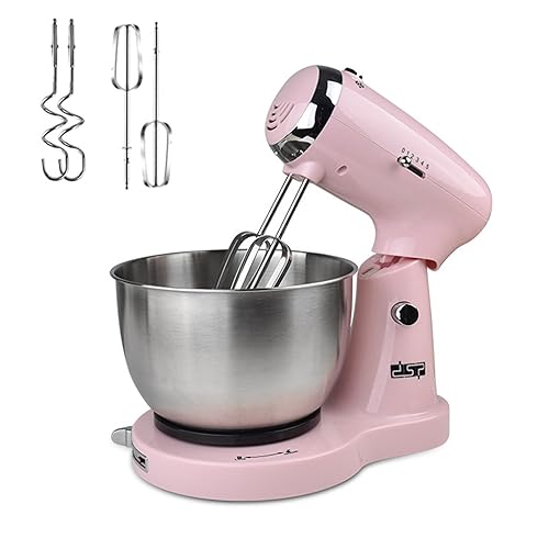 Stainless Steel Pasta Mixer 5 Speed Control, 350 Watt, Multifunctional Stand Mixer with 3.2 Litre Mixing Bowl, Space Saving Design - Pink and White