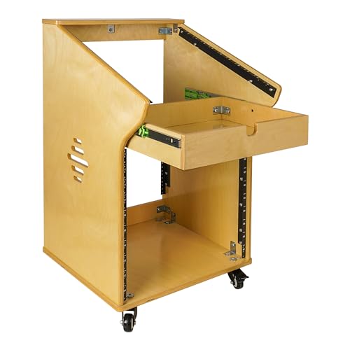 Sound Town DIY Solid Baltic Birch Plywood Studio Rack with 11U Slant Mixer Top, 10U Front, 2U Drawer, Rubber Feet, Casters, Golden Oak (SDRK-M11X10)