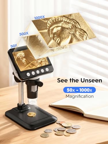 Image of Coin Microscope, 4.3 inch LCD USB Digital 1000X 1080P Coin Magnifier | 8 Adjustable LED Lights, PC View Compatible with Windows /MacBook for Adults Kids