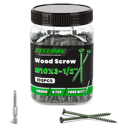 Image of Wood Screws 3-1 /2 Inch, FIXLINK Deck Screws #10 x 3-1 /2 inch, 105 PCS, Epoxy Coated, T25 Star Bit Above 1500 Hour Salt Spray Coating Outdoor Decking Screws Excellent Rust Resistant for Wood Fence, Green