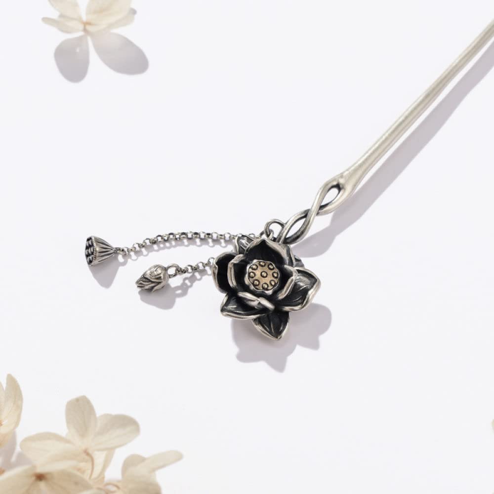 Vintage Haarstäbe Retro Haarnadel, S925 Sterling Silber chinesische Haarstäbchen, verzierte Lotus Samenkapsel Haarstäbe mit Quaste,
