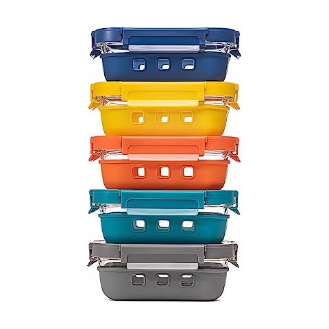 GC GENICOOK Glass Food storage container with Glass lids Glass Bento Box Set Lunch box Eco Friendly Meal Prep Containers Airtight – Plastic Free, silicon sleeve BPA Free 4.4cup/ 5 * 1050ml Cover
