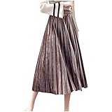 VEZAD Store Women Gold Velvet Pleated Skirt Solid Color Mid-Length High Waist A-line Skirts Coffee