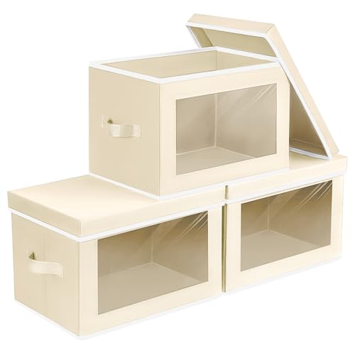 Image of Homsorout Collapsible Storage Bins with Lids - Stackable Storage Boxes with Window, 15.7 Inch Fabric Organizing Bins for Closet, Home & Office Organization Baskets, Beige, 3 Pack