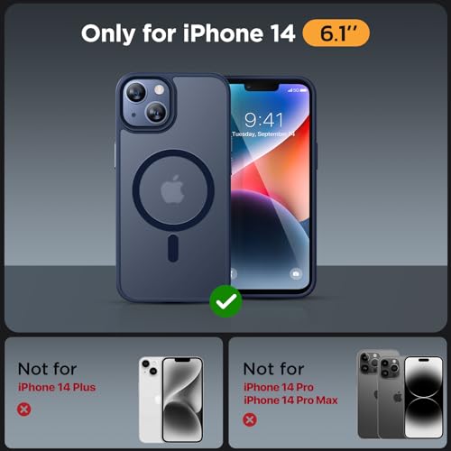 Image of Miracase Magnetic for iPhone 14 Case 6.1 inch (Compatible with MagSafe)(with 2X Screen Protectors) Military-Grade Protection, Anti-Fingerprint Translucent Matte Phone Case Cover, Dark Blue