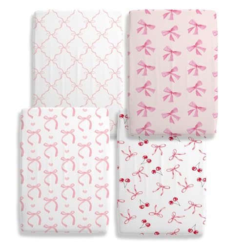 Image of 4 Pack Pink Bow Crib Sheet Set for Baby Girl, Soft Breathable Fitted Crib Sheet 28 x 52 in, Nursery Decor for Standard Crib and Toddler Bed Mattresses