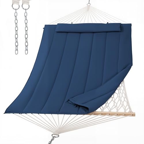 Image of SUNCREAT Hammocks Outdoor Double Hammock with Hardwood Spreader Bar, Heavy Duty Cotton Rope Hammock with Polyester Pad, Dark Blue