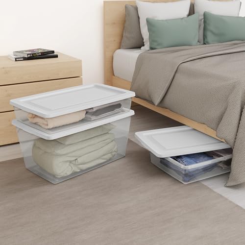 Image of Sterilite 16 Pack Storage Box, 90 Quart Stackable Tote, Clear Plastic Container with Secure Snapping Lids for Home and Office Organization, White