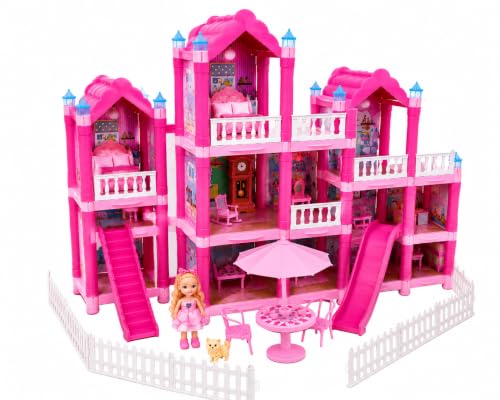 Image of 4-Floor Dollhouse Playset, 11 Rooms, 296 Pieces, Pink Villa