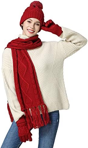 JSHANMEI Scarf Hat Glove Sets Cable Knit Winter Gift Set Pompom Hat Touch Screen Gloves Long Scarf 3pcs Cold Weather Warm Set for Women Girls