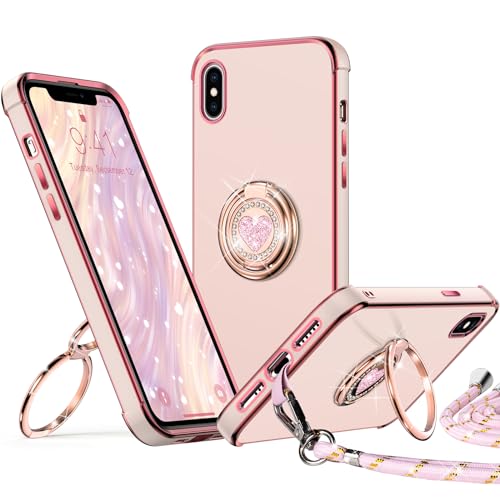 XYZ für iPhone X/XS Hülle mit Band Herz Doppelring Ständer HandyHülle Handykette Frauen Mädchen Dünn Stoßfeste Anti-Kratzt SchutzHülle für iPhone X/XS Case Rosa