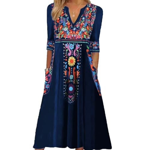 Fall Women's Traditional Mexican Embroidered Dress - Fiesta Style 3/4 Sleeve V-Neck Maxi with Pockets Blue