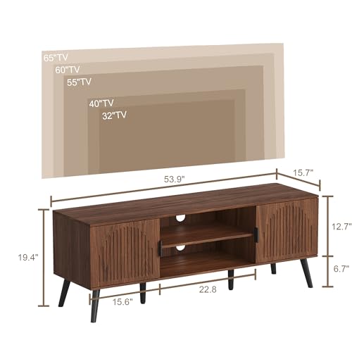 ChooChoo TV Stand for 55/60 Inch TV, Mid Century Modern TV Stand, Entertainment Center with Storage Cabinet and Open Shelves, TV Console Table Media Cabinet for Living Room, and Bedroom, Walnut - Image 4