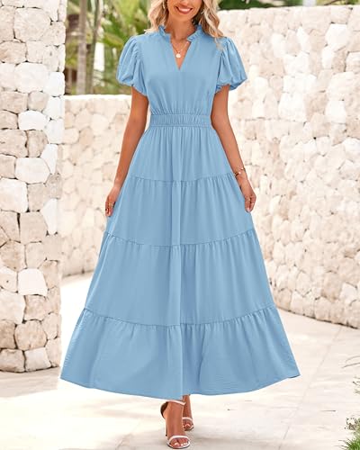 Image of dowerme Womens Summer Dresses 2025 Casual Puff Sleeve V Neck Smocked Waist A-Line Tiered Maxi Prom Dress with Pockets