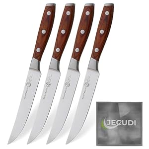 Messermeister Avanta 5” Fine Edge Steak Knife Set – German X50 Stainless Steel – Rust Resistant & Easy to Maintain – Includes 4 Steak Knives- with towel