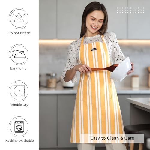 Image of Encasa XO Cotton Cooking kitchen Apron for Women and Men chef apron With adjustable neckstrap, Pocket & Towel Holder for Easy cooking, Baking, BBQ, Gardening- Franca Yellow Stripes, 68x85 cm