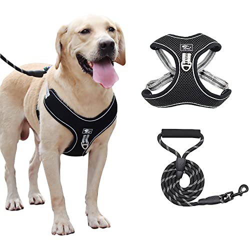 Rayisin Hundegeschirr, Geschirr Hund mit Reflektorstreifen, Sicherheitsgeschirr Atmungsaktiv Einstellbar für Kleine, Mittelgroße und Große Hunde, Schwarz (60-70cm) Cover