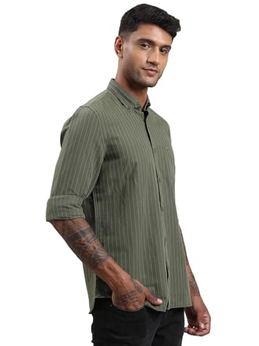 Image of Turtle Men Slim Fit Striped Cotton Linen Spanish Green Casual Shirt