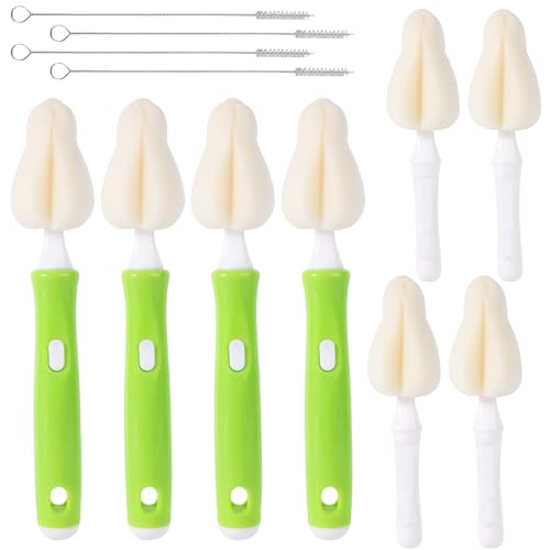 12pcs Sponge Nipple Bottle Brushes Set Includes Bottle Nipple Cleaners with Replacement Brush Heads & Straw Brushes for Cleaning Baby Food Feeders Cups Straws