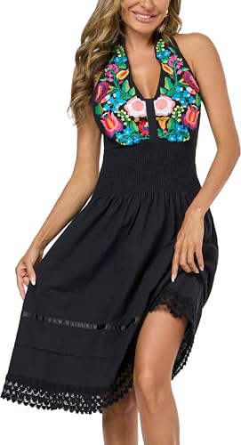 Image of Womens Mexican Floral Embroidered Halter Maxi Dress Side Slit Boho Dress | Sleeveless Halter Neck High Split, Fiesta Party Sundress, Elastic Smocked Waist, Cotton Summer Maxi Dress