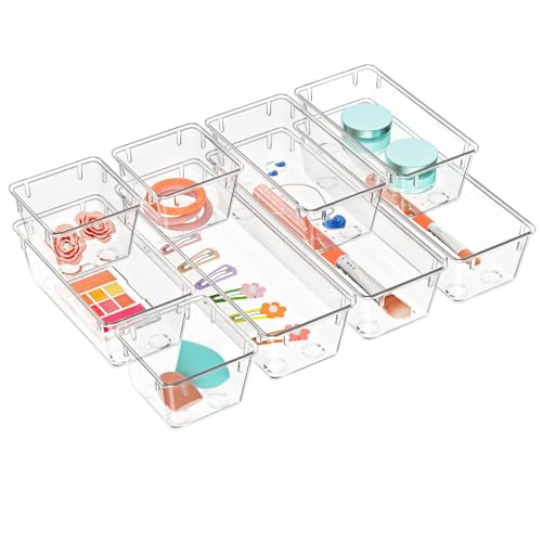 Image of WOWBOX 9 Pack Clear Drawer Organizer Set, Acrylic Drawer Storage Trays, Storage Bins for Makeup, Cosmetics, Jewelries, Utensils, Gadgets, Office