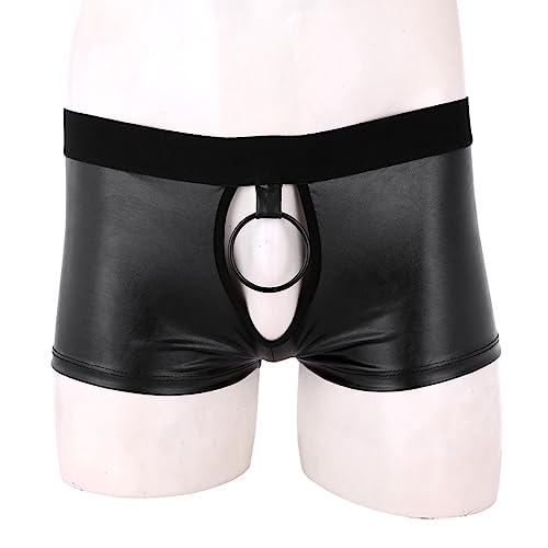 Dpois Men's Faux Leather Open Butt Open Front Pouch With Metal O-Ring Boxer Shorts Black Large(Waist: 33.0-45.0"/84-115Cm) #TOP2