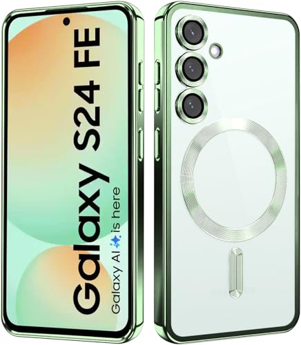 Image of VONZEE Clear Logo Electroplating Transparent Case For Samsung Galaxy S24 FE 5G, Magnetic Plating [Support For MagSafe Charger] Tpu Case Cover, Individual Camera Protection For Each Lens- Light Green