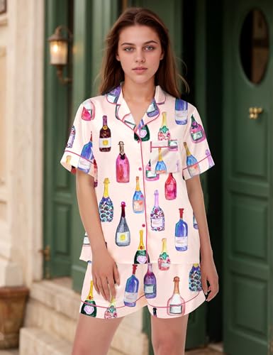 Image of SHESHOW Satin Pajamas for Women Set Preppy Animals Pjs Short Sleeve Shorts 2 Piece Loungewear Sets XS-XXL
