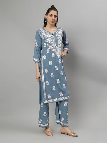 Image of Seva Chikan Hand Embroidered Lucknowi Chikankari Rayon Kurta and Palazzo Set SCL8037