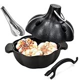 IPROUDER Cast Iron Garlic Roaster with Handle, Smoker Roaster, Garlic Cooker, Garlic Baker, Garlic Roasting Pot, Potato Baker, Mini Cocotte, Used in the Kitchen Oven or Outdoors on a BBQ Grill Stove