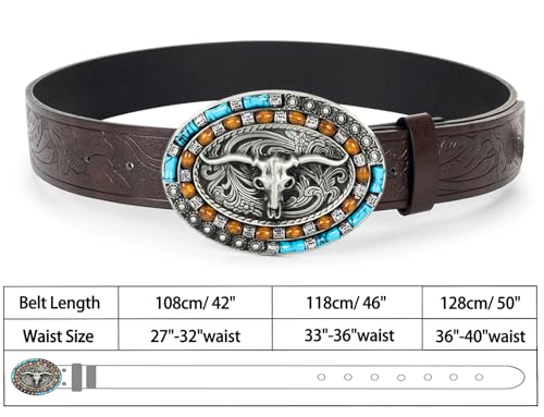 Western-Turquoise-Cowboy-Belt for Men Women with Longhorn Bull Buckle Belt for Jeans2