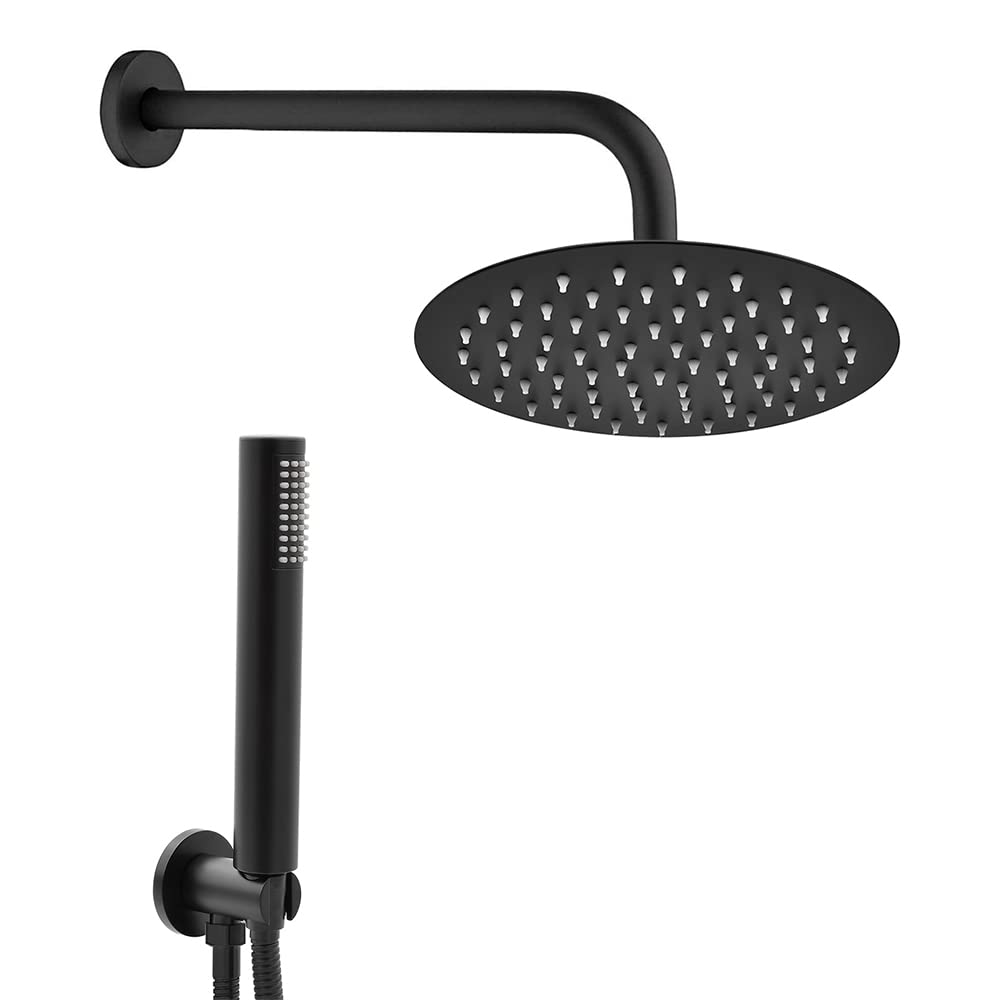 Set doccia completo nero opaco in acciaio inox, braccio 33 cm e soffione 25 cm, kit doccia con presa acqua, doccino e flessibile 150 cm