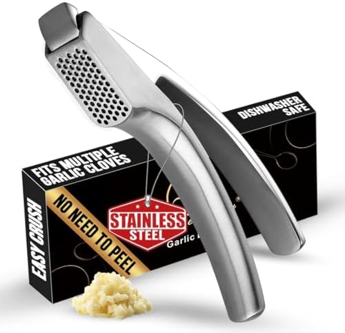 No Peeling Required Garlic Press Stainless Steel with Detachable Handle for Fine Mincing-Premium Garlic Mincer Tool, Rust-Proof, Easy to Clean, Dishwasher Safe Garlic Crusher with Lifetime Replacement