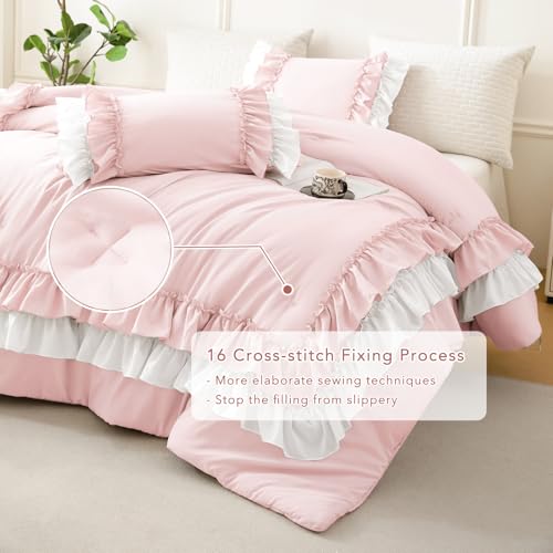 Image of QSH 3PCs Blush White Comforter Full with Ruffles,Farmhouse Shabby Boho Chic Pink Coquette Bedding Comforter Set Full Size (80 inchx90 inch) Ultra Soft Microfiber Lightweight Vintage Bed Set with Pillow Shams