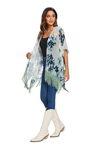 Image of MJ SERECA Women's Burnout Velvet Kimono Cardigan Cover Up with Tassel