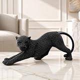 Shlinuo 15 inch Panther Leopard Statue Handcrafted Silver Cheetah Statue Home Decor Intricate Beaded Design for Living Room, Office, or Gift - Elegant and Unique Decorative Sculpture（Black）