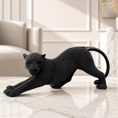 Shlinuo 15 inch Panther Leopard Statue Handcrafted Silver Cheetah Statue Home Decor Intricate Beaded Design for Living Room, Office, or Gift - Elegant and Unique Decorative Sculpture（Black）