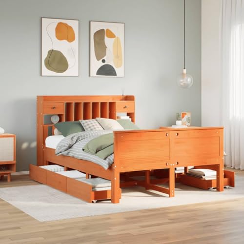SKM Cama con estantería sin colchón Madera Maciza marrón 160x200 cm,Mobiliario,Camas y Accesorios,Camas y somieres,Marrón,74.1 kg,3308917