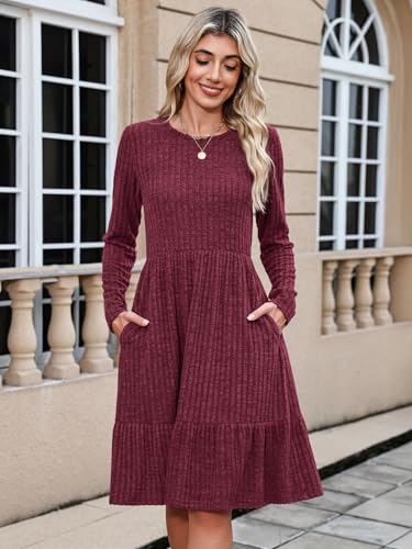 Berydress Fall Sweater Dresses for Women 2025 Long Sleeve Crewneck Flowy Babydoll Winter Casual Midi Dress with Pockets3
