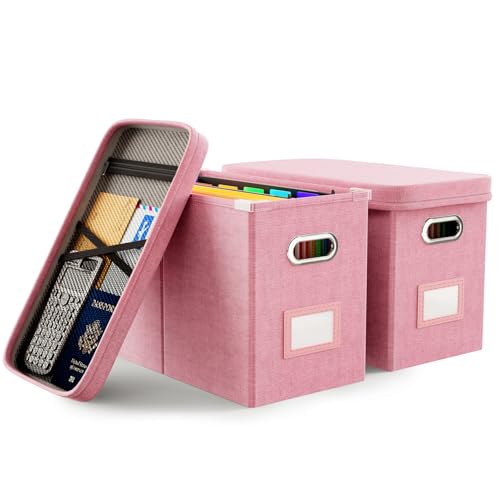 Image of Oterri File Organizer With Lid, Hanging Filing Box With Mesh Pocket, Document Organizer for Letter Files, Portable Storage With Smooth Sliding Rail for Office & Home (2 PCS, Pink)