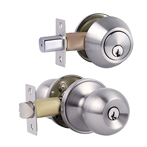 Door Knobs Exterior Door Lock Set with Deadbolt, Single Cylinder Deadbolt Door Locks with Keys, Keyed Alike (Satin Nickel, Door Knob and Deadbolt) Door Knobs Exterior Door Lock Set with Deadbolt, Single Cylinder Deadbolt Door Locks with Keys, Keyed Alike (Satin Nickel, Door Knob and Deadbolt)