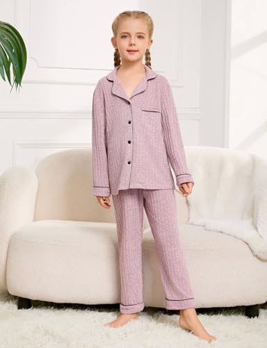 Kids Girls Pajamas Set Girl Ribbed Knit Long Sleeve Button-up Pajama Sleepwear Nightwear Loungewear Set2