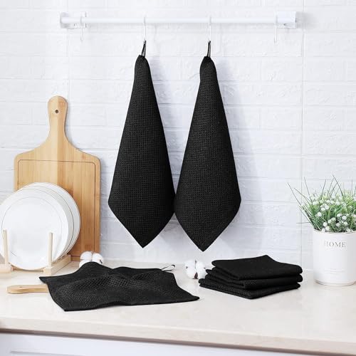 Image of 100% Cotton Kitchen Dish Cloths, 6 Pack Waffle Weave Ultra Soft Absorbent Dish Towels for Drying Dishes Quick Drying Kitchen Towels Dish Rags, 13.4 X 13.4 Inches (Black, Pack of 3)