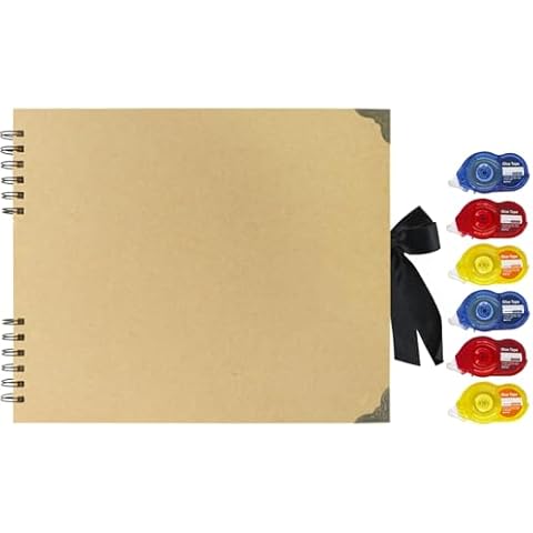: Scarpbook Supplies, 6 Pack Double-Sided Tape Rollers (0.31 in x 32 ft) for Scrapbooking, Crafting, and Photo Art, Along with an 10x12 Inch Hardcover Scrapbook Featuring 60 Brown Blank Pages - Suitab Cover