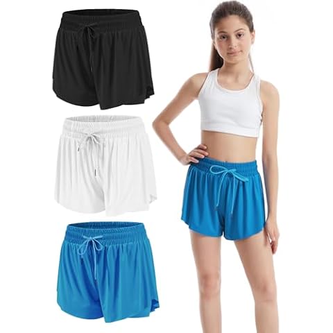 Celfaeree 3-4 Packs Girls Flowy Butterfly Shorts Athletic 2 in 1 Running Active Skirt Shorts, Workout Shorts for Kids Teens Black/White/Royal Blue M Cover