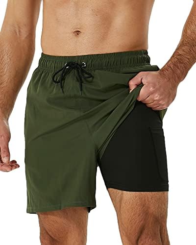 SILKWORLD Mens Swimming Trunks with Compression Liner 2 in 1 Quick-Dry Bathing Suits with Zipper Pockets Army Green