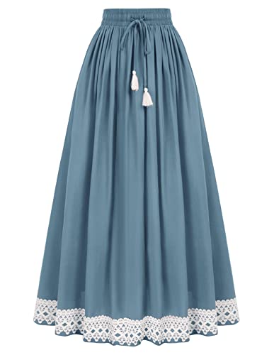 SCARLET DARKNESS Falda larga renacentista para mujer, estilo retro, elástica, cintura alta, dobladillo de encaje, falda acampanada, Gris Azul 248a22-9, 44