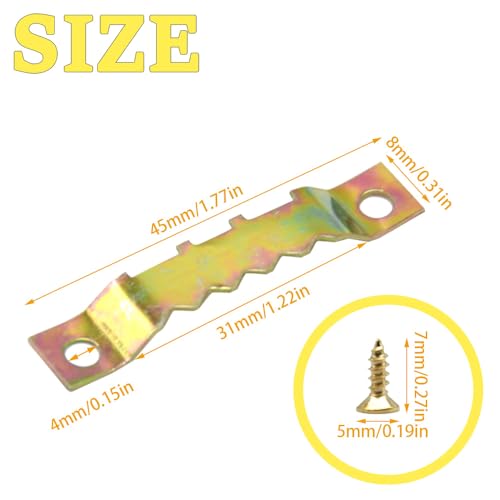 Image of 100 Pcs Sawtooth Hangers Picture Hanging Kit 1.77in Sawtooth Picture Hangers Picture Hooks with Screws Picture Frame Hangers for Photos Artwork Clock (Colored Gold /XK-JC)