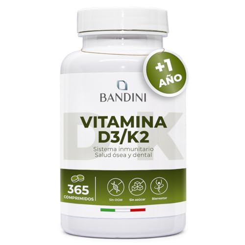 Bandini® Vitamina D3 y K2 365 Comprimidos 12 Meses de Suministro - Contribuye a la Función Normal del Sistema Inmune, Huesos y Músculos - Vitamina D + 200µg de Vitamin K 99,7% All-trans - Alta Dosis