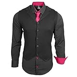 Verkauf durch AVRONI Rusty Neal Herren Hemd Weste Krawatte Set Hemden Business Hochzeit Freizeit Slim Fit, Größe:M, Farbe:Schwarz/Pink